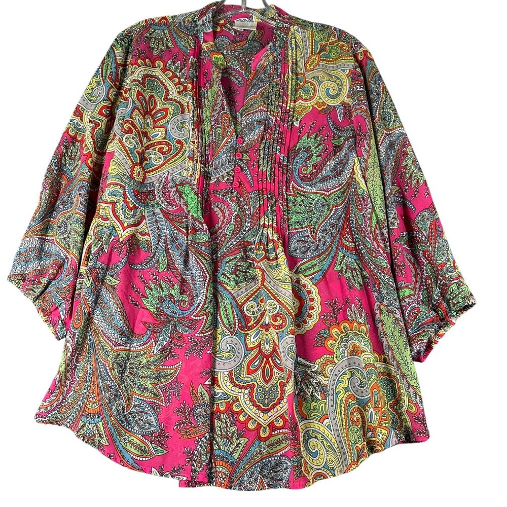 Vtg Bedford Fair Womens Large Pink Paisley‎ Print Split V-Neck 3/4 Sleeve Blouse